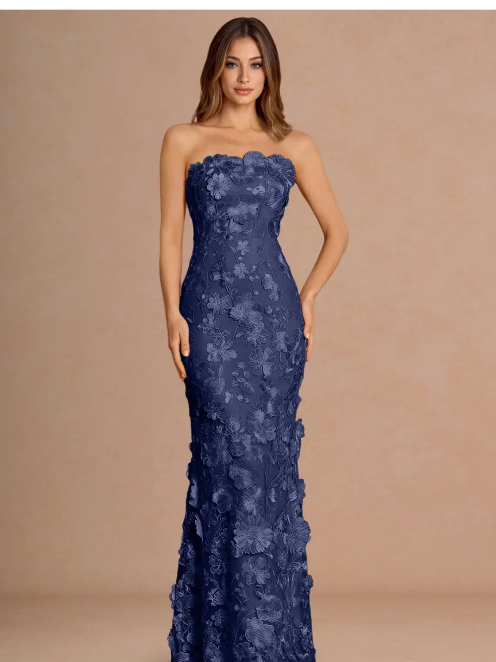 Azazie Navy Floral Appliqué Strapless Gown